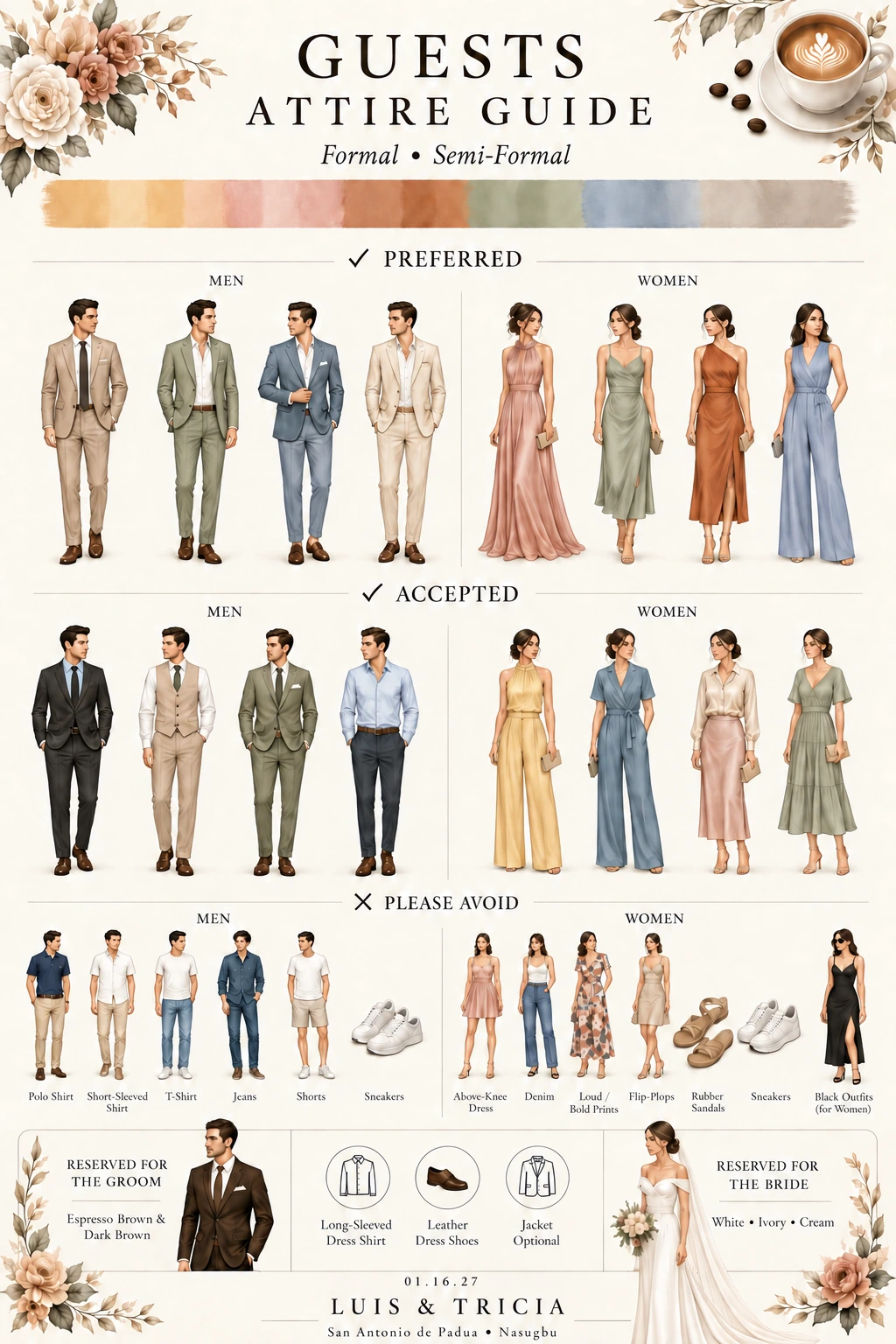 Guest attire guide with preferred, accepted and please-avoid looks, including a black suit with a pale-blue shirt for men.