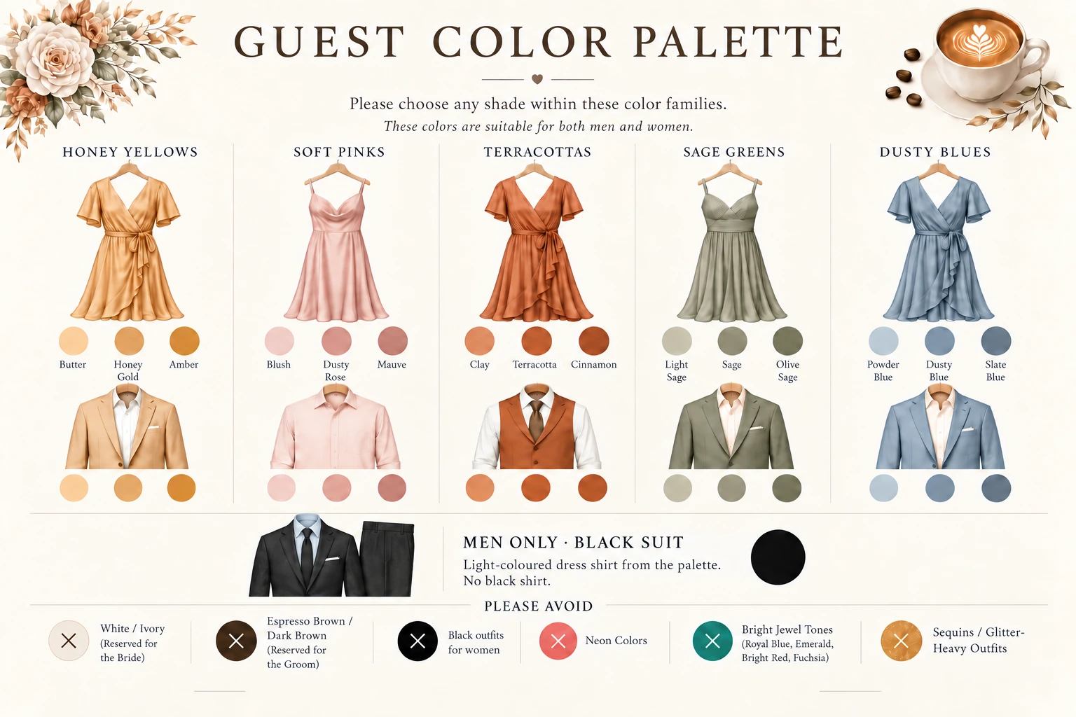 Five shared guest colour families plus a separate men-only black suit option with a light-coloured dress shirt.