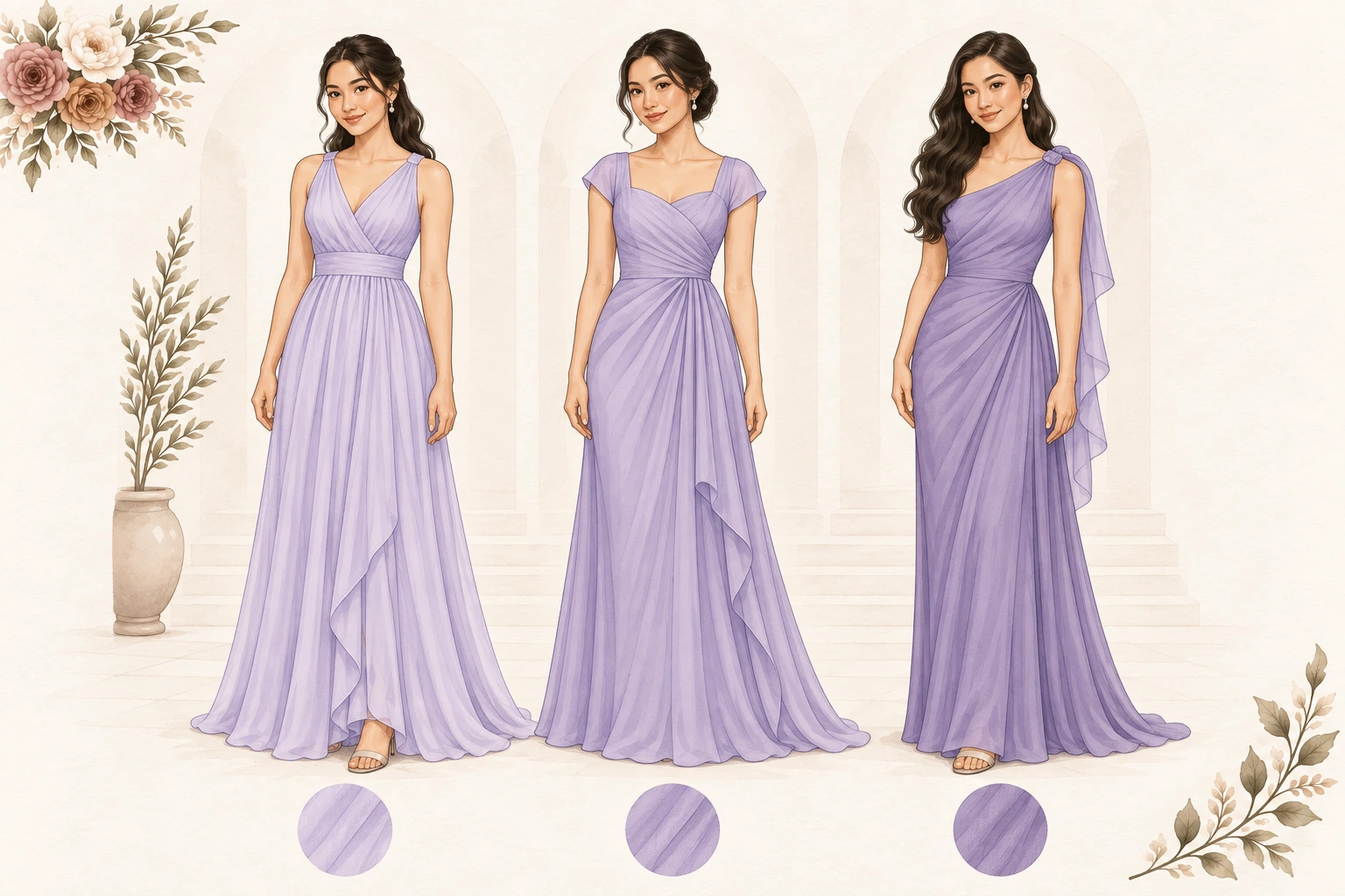 Three floor-length formal gown options in lavender, shown in three tones of the same colour.