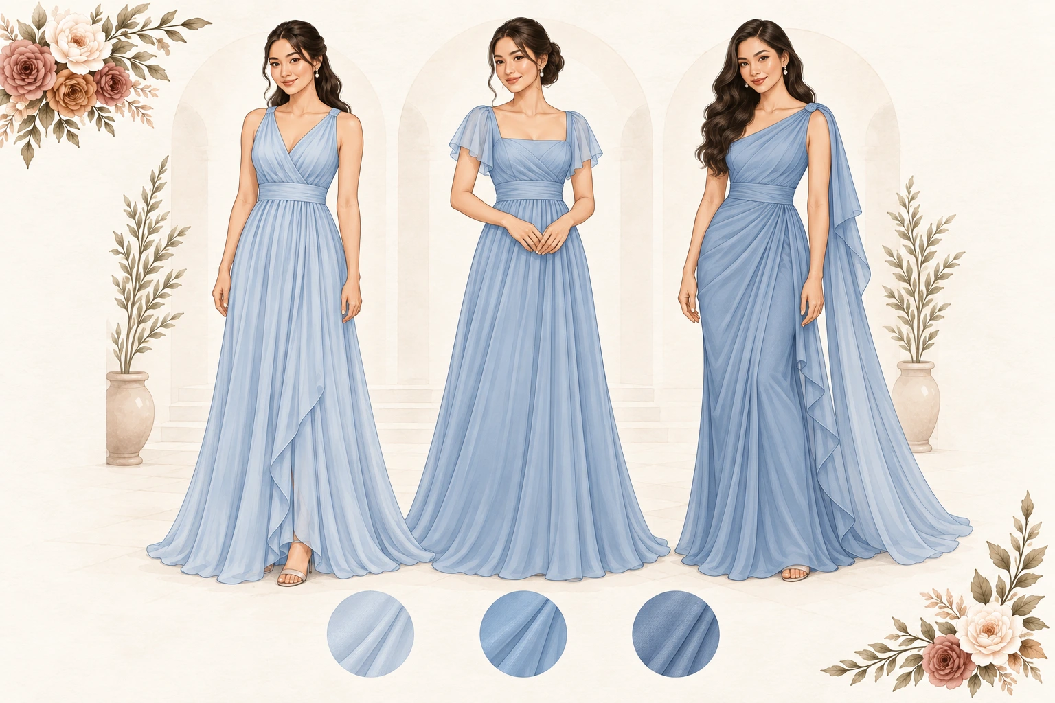 Three floor-length formal gown options in light blue, shown in three tones of the same colour.