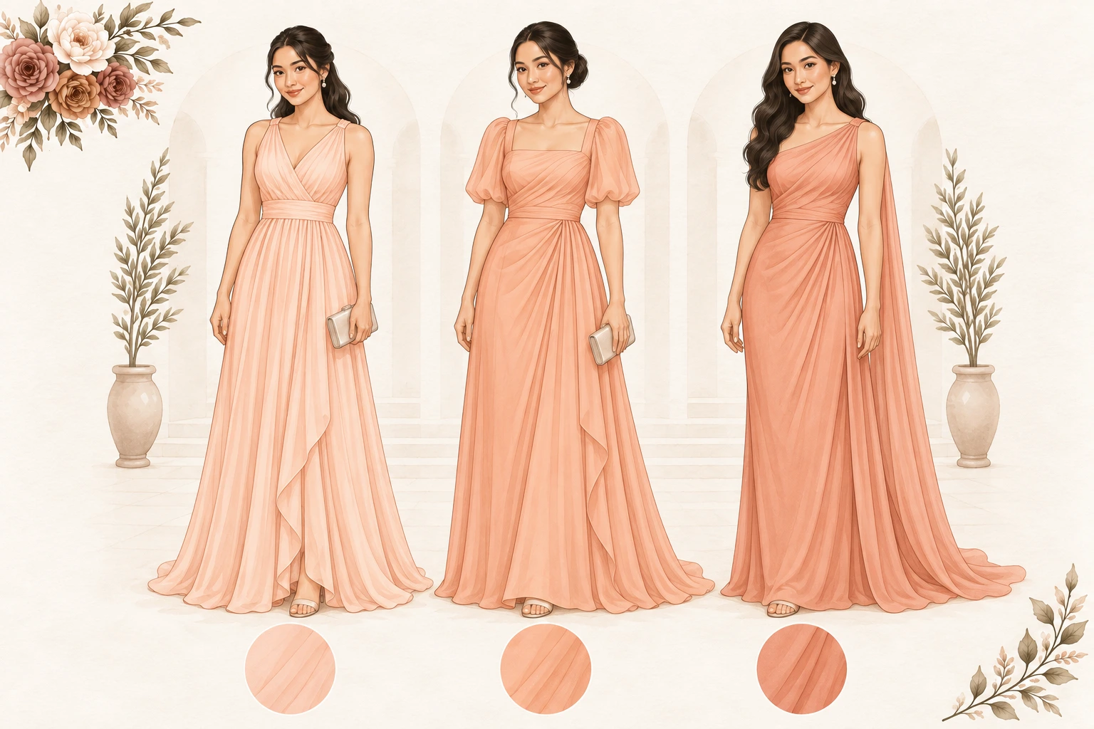 Three floor-length formal gown options in peach, shown in three tones of the same colour.