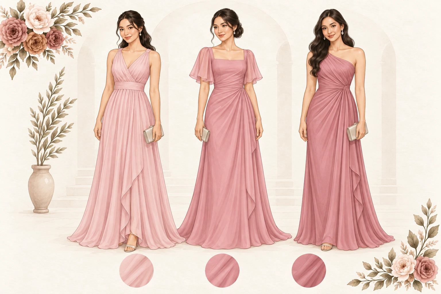 Three floor-length formal gown options in pink, shown in three tones of the same colour.