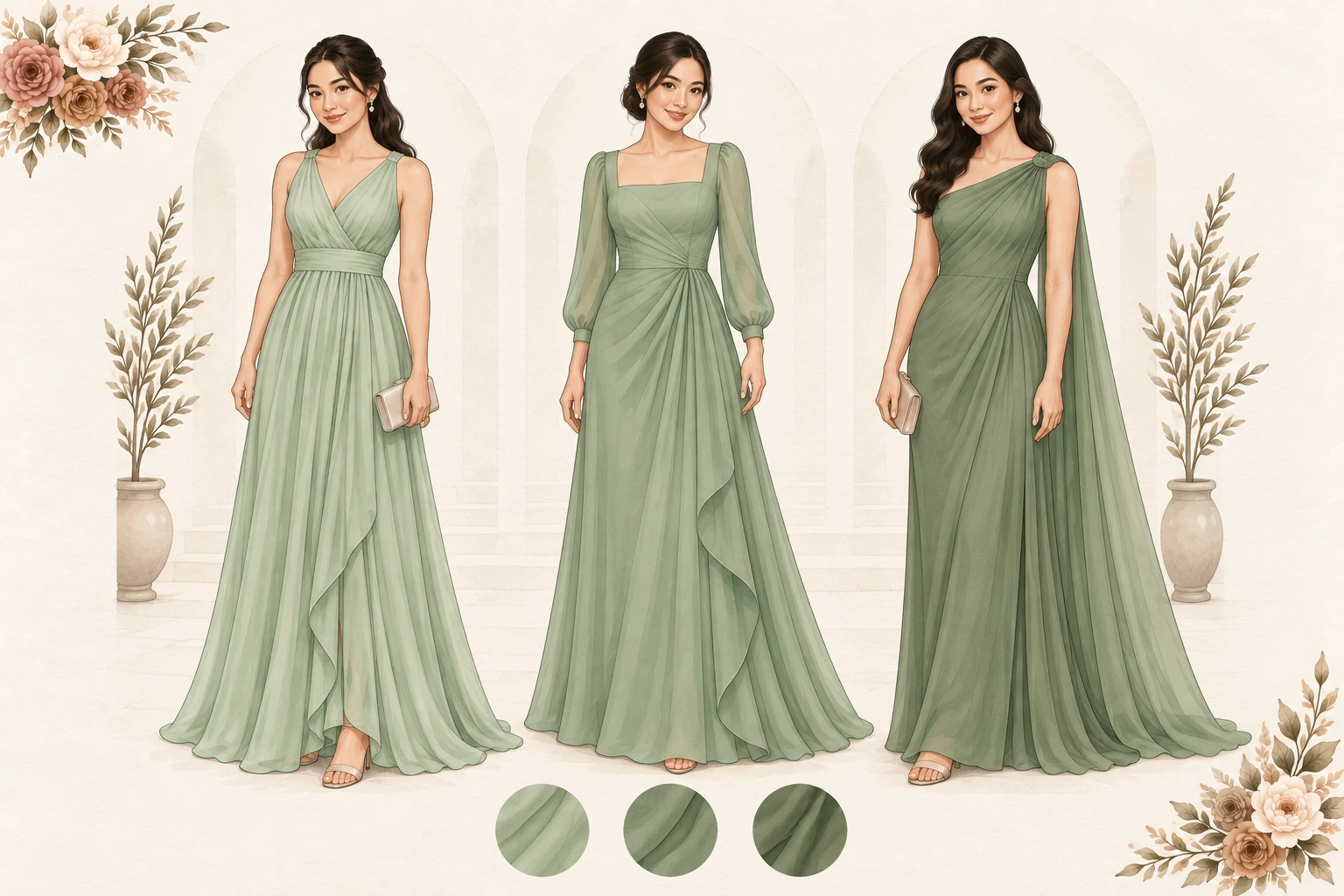 Three floor-length formal gown options in sage green, shown in three tones of the same colour.