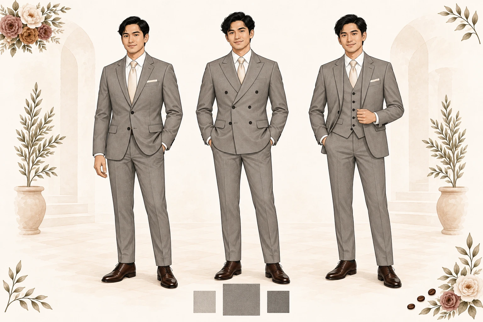 Three gray suit options in the same medium warm gray: single-breasted two-piece, double-breasted two-piece and three-piece, each with a white long-sleeved dress shirt, tie and formal shoes.