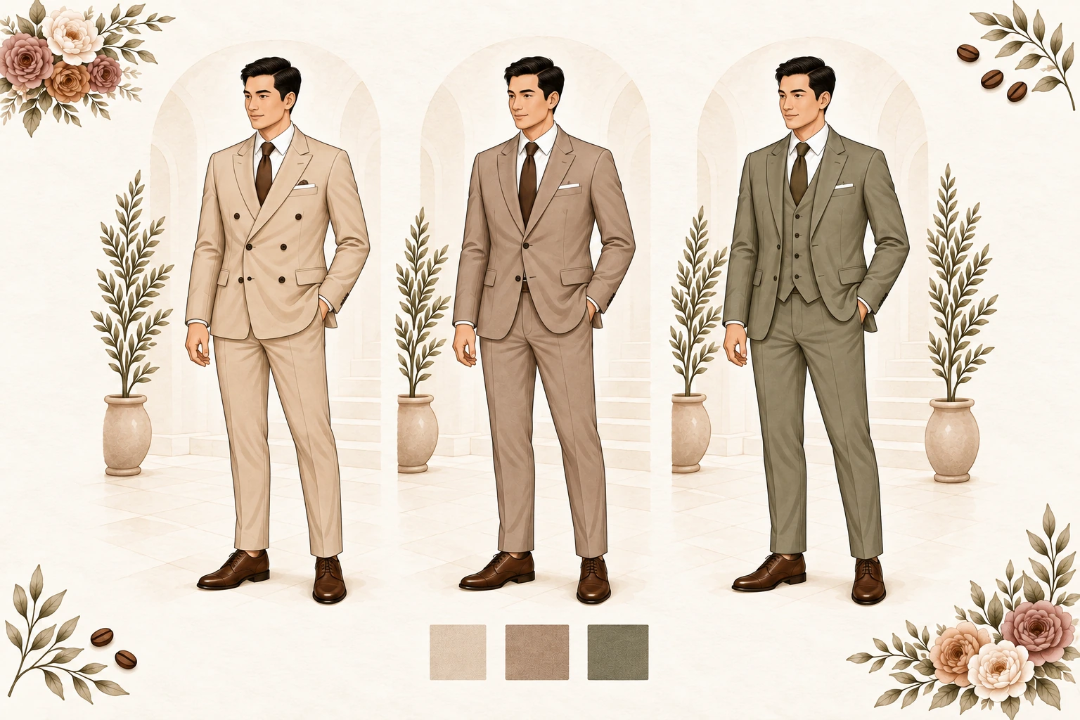 Principal sponsor attire options for men in sand, warm taupe and muted sage: tailored suits with long-sleeved shirts, ties and dress shoes.