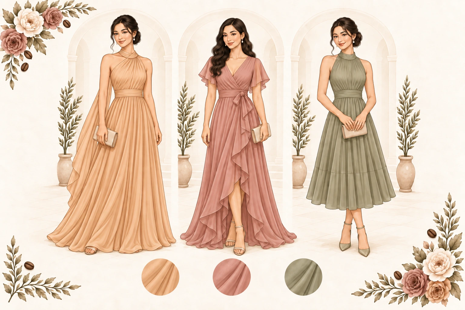 Principal sponsor attire options for women in peach caramel, dusty rose and muted sage: a formal gown, elegant maxi and formal midi dress.
