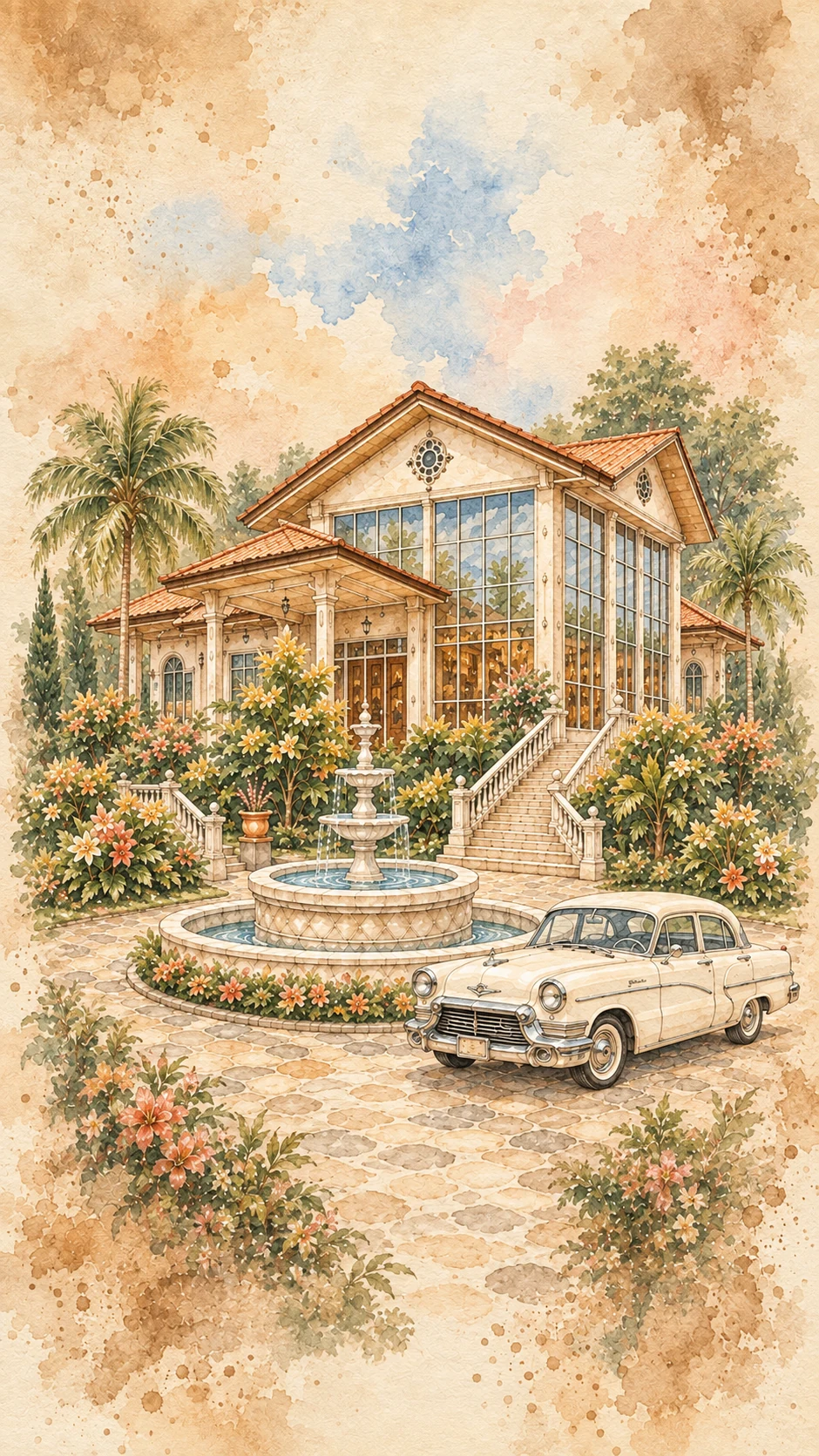 Watercolor illustration of Mahogany Place, Tagaytay